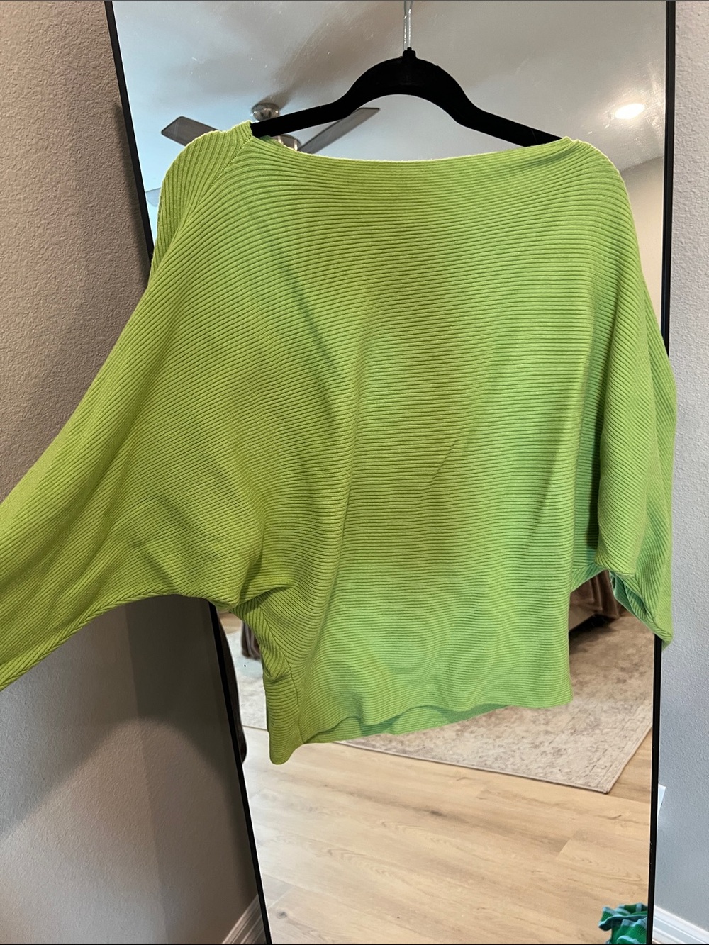 Amazon Off-the-Shoulder Lime Green Ribbed Sweater, bat wing pullover